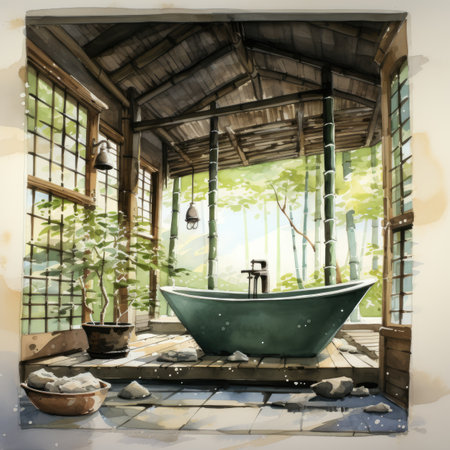 Watercolor Bathroom interior design with bathtub in the garden.の素材