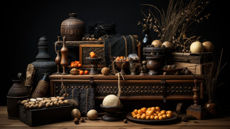 Still life with various types of nuts and fruits on wooden table.の素材