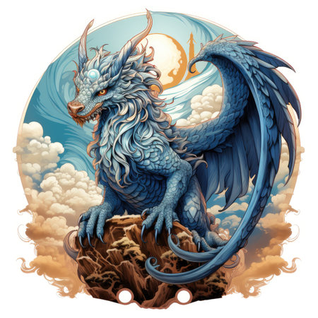 Blue dragon in the sky with moon and clouds.の素材