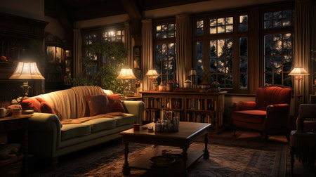 Luxury living room interior. Evening lighting.の素材