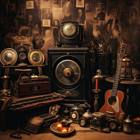 Old photo camera and other vintage objects on a wooden table. Retro style.の素材