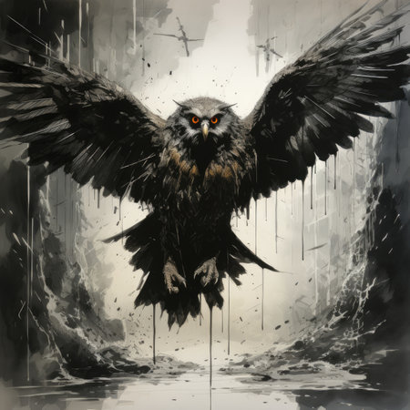 Black eagle owl with open wings.の素材