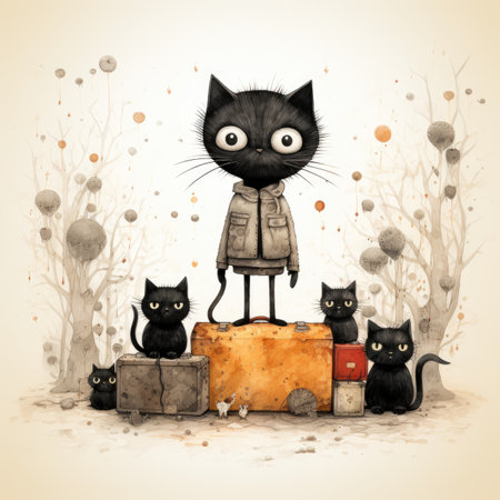 Funny black cat sitting on a suitcase in the autumn forest.の素材