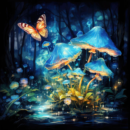 Magic forest with mushrooms and butterfly.の素材