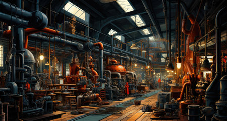 Industrial interior with pipes, tubes and machinery.の素材