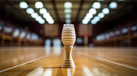 Wooden chess piece on the floor in a sports hallの素材