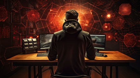 Young hacker sitting in front of computer screens.の素材