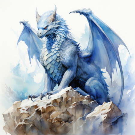 Watercolor dragon on the rock on a white backgroundの素材