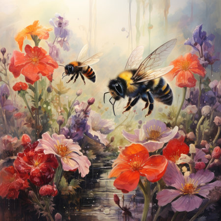 Watercolor Bumblebee and spring flowers.の素材