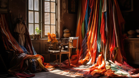 Interior of a rustic house with a lot of colorful curtainsの素材