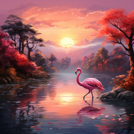 Flamingo in the lake at sunsetの素材