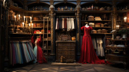 Beautiful woman in medieval dress in the old shop.の素材