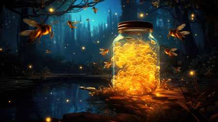 Fantasy glass jar full of gold coins in dark forest.の素材