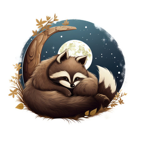 a sleeping raccoon in front of a full moonの素材