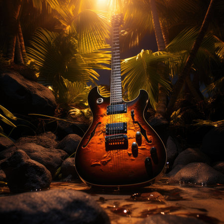 Electric guitar on the rock with palm tree background.の素材