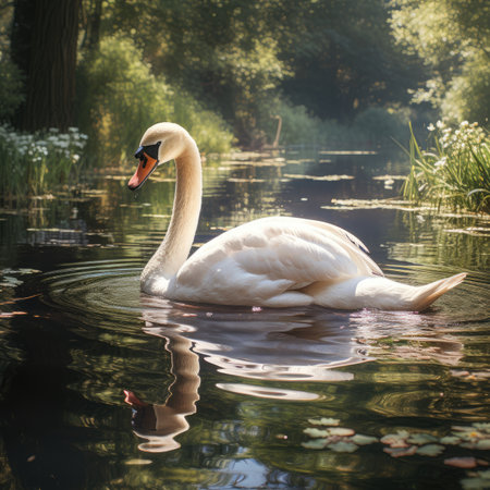 Beautiful white swan swimming on the lake in the park.の素材