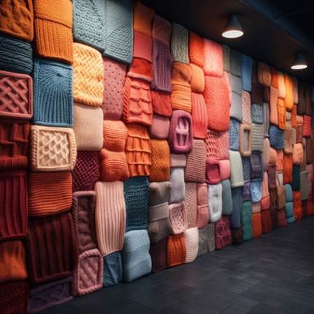Colorful knitted sweaters hanging in a row in a shopの素材