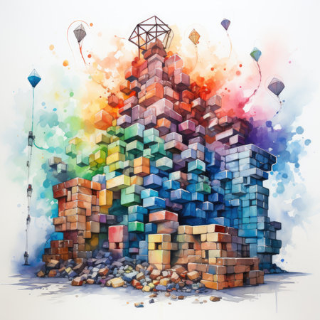 Colorful watercolor house made of cubes and lanternsの素材