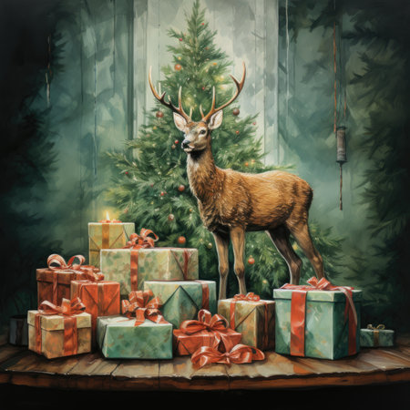 Christmas deer with gift boxes on wooden background. Christmas greeting card.の素材