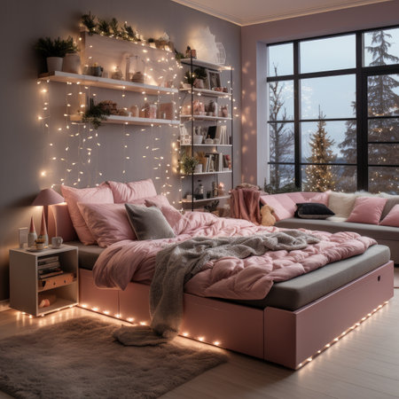 Interior of living room with pink bed, bookshelves and christmas lightsの素材