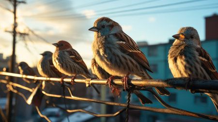 A flock of sparrows sits on a fence in the rays of the setting sun.の素材