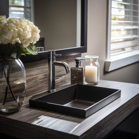 Modern sink and faucet on wooden table in modern bathroom.の素材