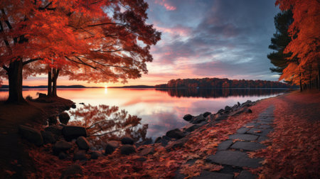 Autumn lake at sunset. Colorful autumn landscape with lake.の素材