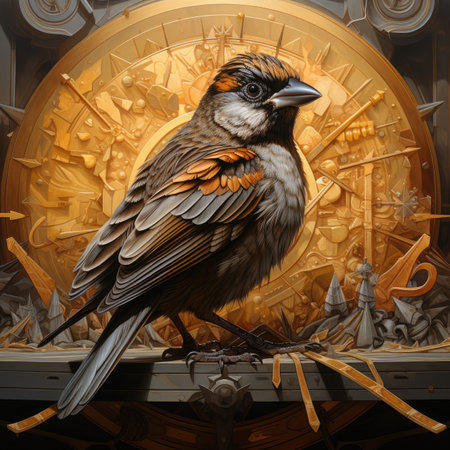 Sparrow on the background of the clock. Illustration.の素材