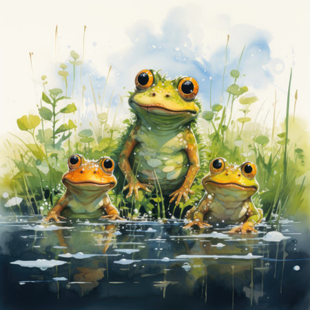 Frogs in the water. Watercolor illustration.の素材