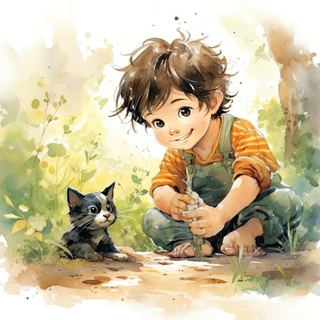 Watercolor illustration Little boy playing with a cat in the garden.の素材