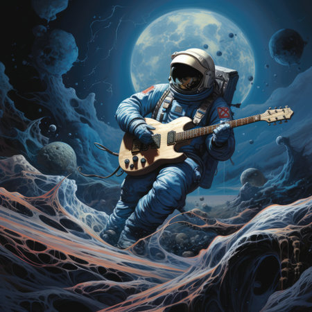 Astronaut playing electric guitar in spaceの素材