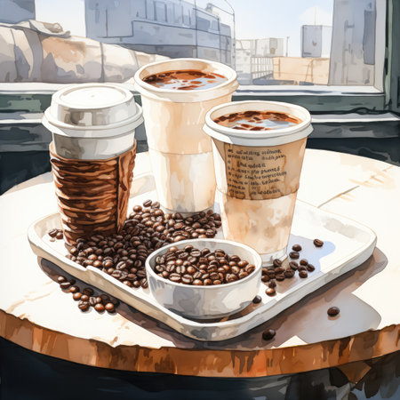 Coffee cups with coffee beans on a table in a cafeの素材