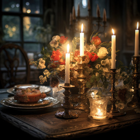 Vintage table setting with candles and flowers in the darkの素材