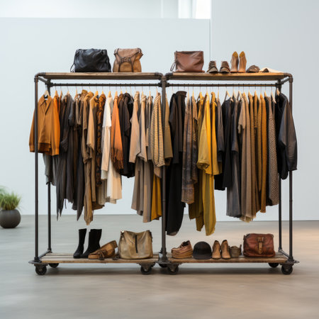 Clothes rack with clothes and accessories in modern dressing room, shopping conceptの素材