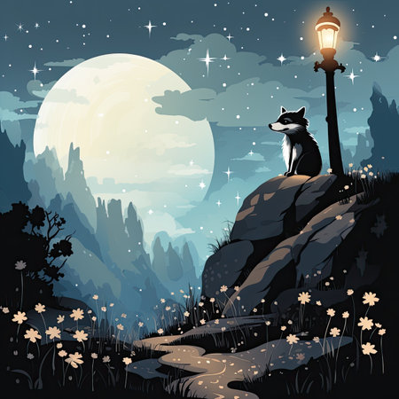 Fantasy night landscape with wolf and lamppost. Vector illustration.の素材