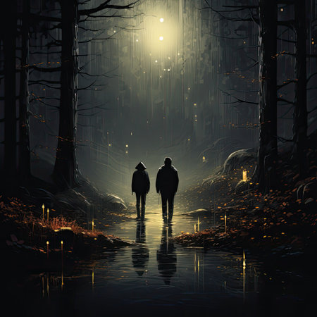 Conceptual image of a couple walking in a dark forest at night.の素材