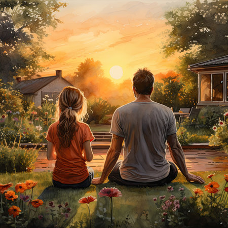 Back view of young couple sitting on the ground in the garden at sunsetの素材