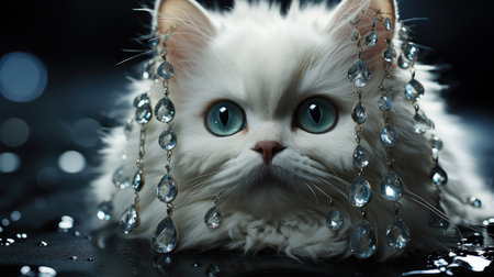 Beautiful white cat with blue eyes and beads on a black backgroundの素材