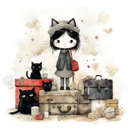 Cute little girl with black cat and suitcases.の素材