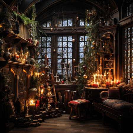 Interior of an old house with fireplace and christmas tree.の素材