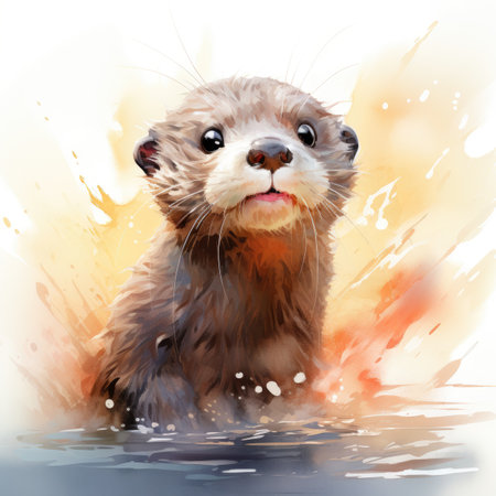 Watercolor portrait of a cute little baby otter.の素材