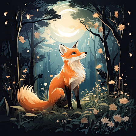 Fox in the forest at full moon night.の素材
