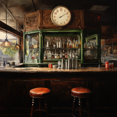 Vintage bar counter with a clock in the interior of a pubの素材