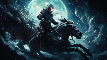 Astronaut riding a horse against the background of the night skyの素材