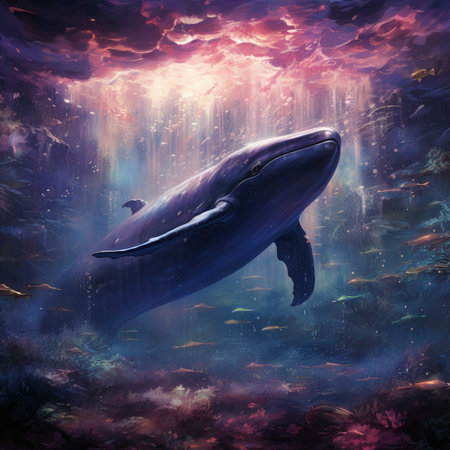 Humpback whale in a deep tropical sea. Fantasy illustration.の素材