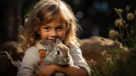 Cute little girl with a rabbit in the garden at sunset.の素材