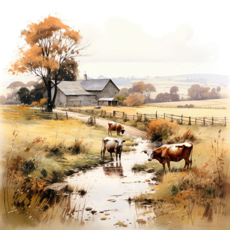 Watercolor painting of a rural landscape with barns and cows.の素材