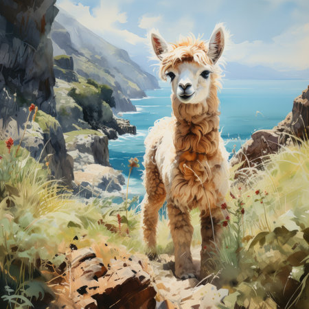 Llama on the cliff near the seaの素材