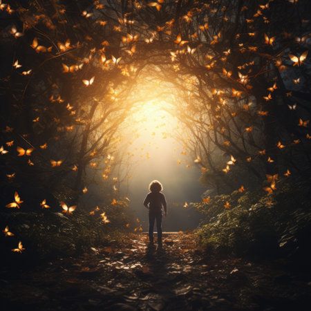 Woman standing in the forest and looking at the sunの素材