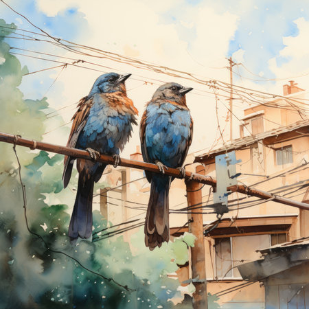 Two birds sitting on a wire in the city.の素材
